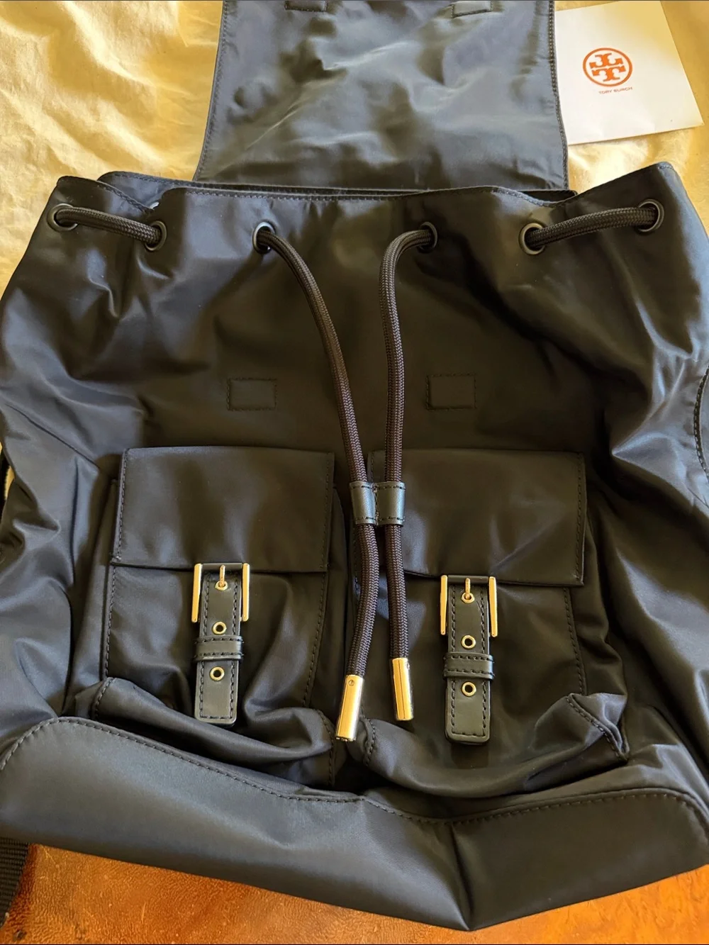 Tory Burch Black Nylon Drawstring Backpack with Front Buckle Pockets